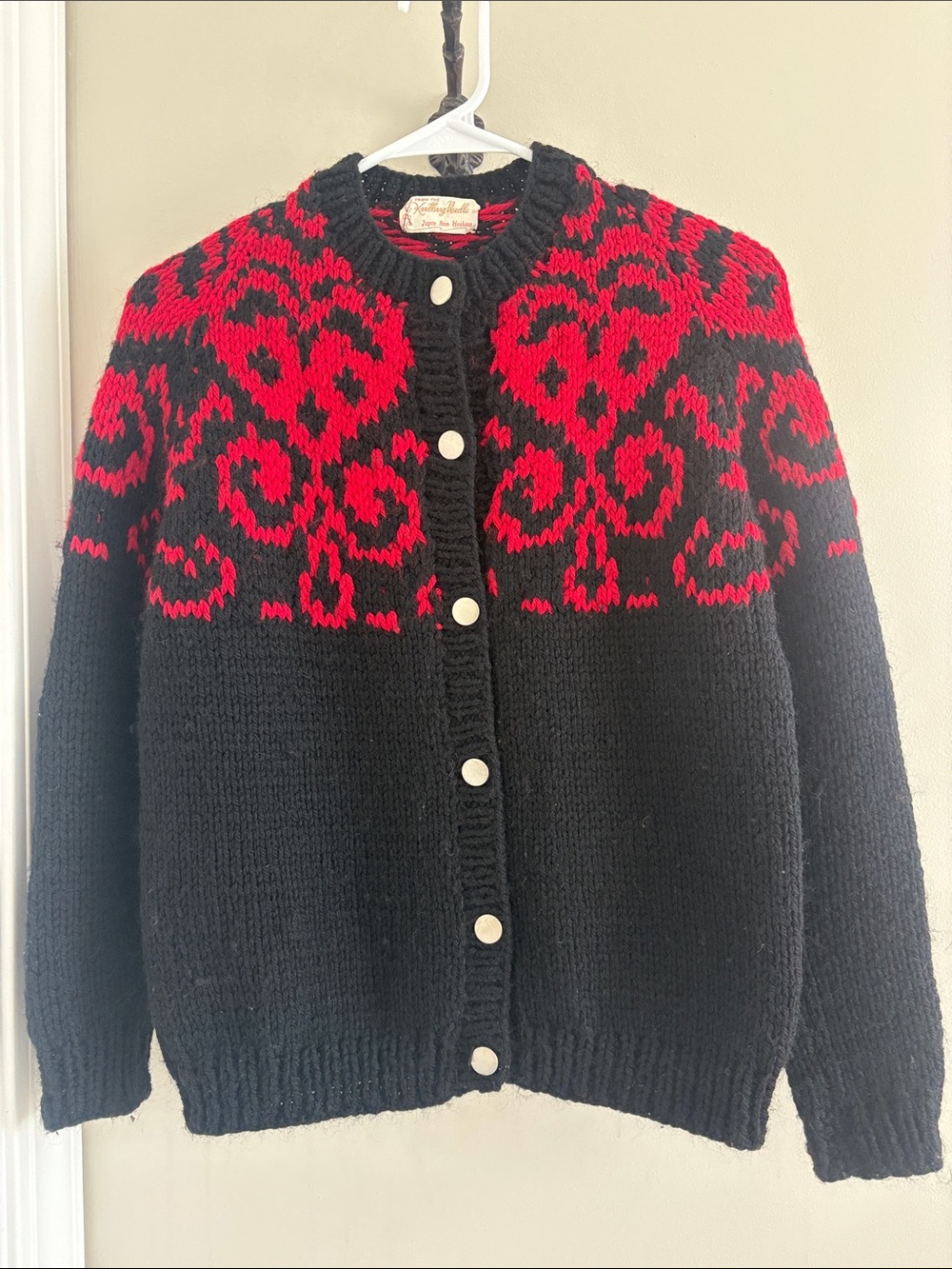 Vintage Hand Knitted Cardigan Red Black with Silver Buttons